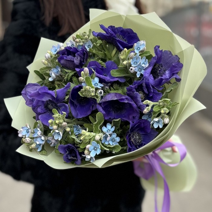 11 синих анемонов с оксипеталумом