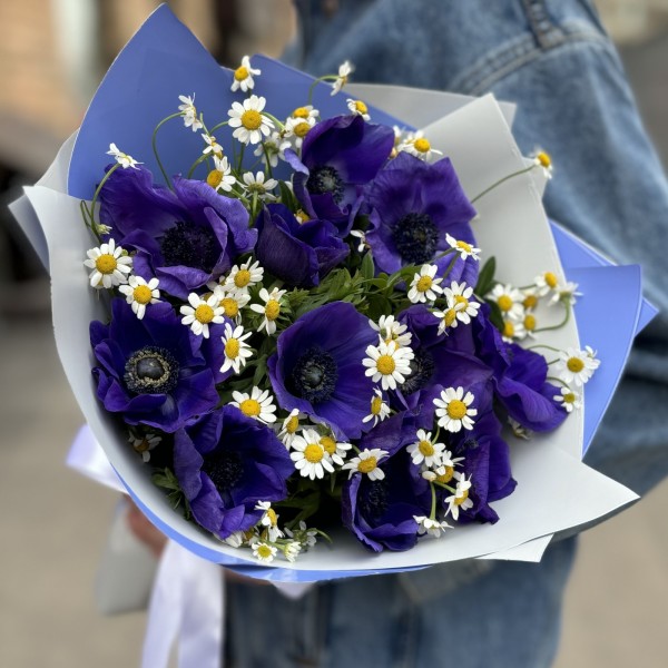 11 синих анемонов с ромашками