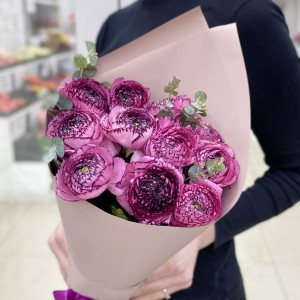 11 сиреневых махровых ранункулюсов с эвкалиптом