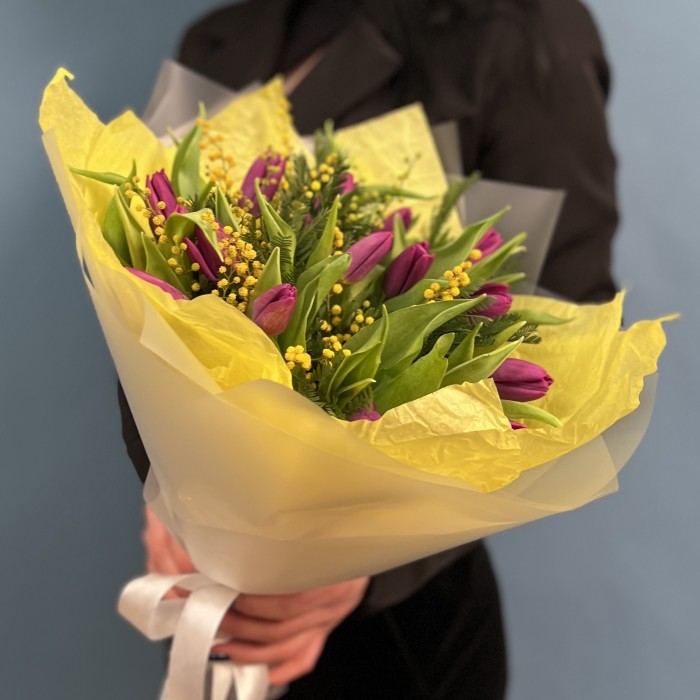 Яркие фиолетовые тюльпаны с мимозой