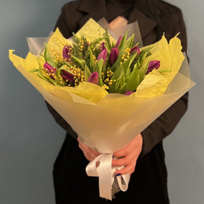 Яркие фиолетовые тюльпаны с мимозой