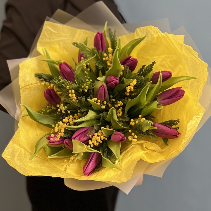 Яркие фиолетовые тюльпаны с мимозой