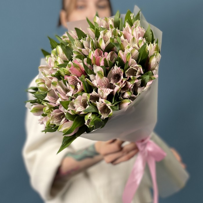 15 бело-розовых альстромерий