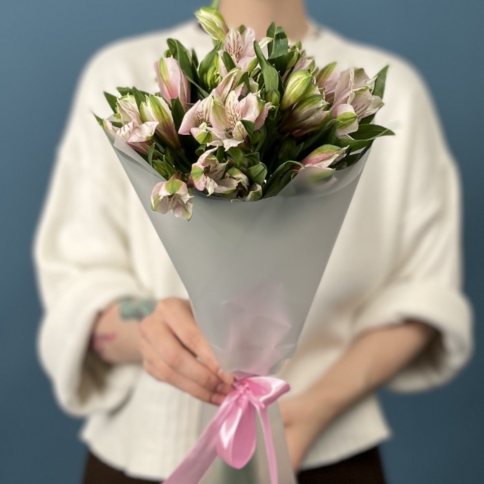 5 бело-розовых альстромерий