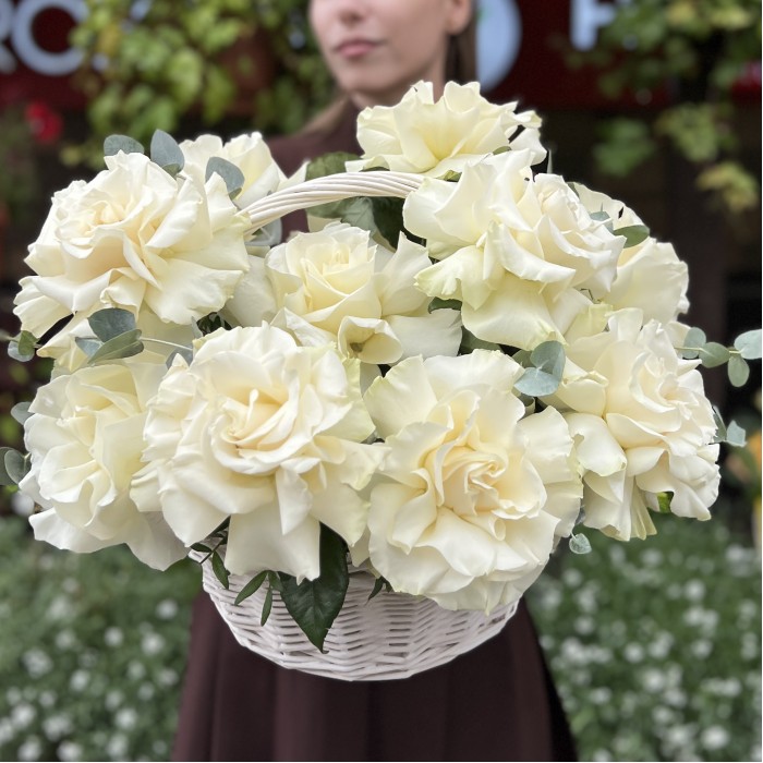 11 пышных роз Мондиаль в корзине