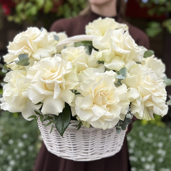 11 пышных роз Мондиаль в корзине