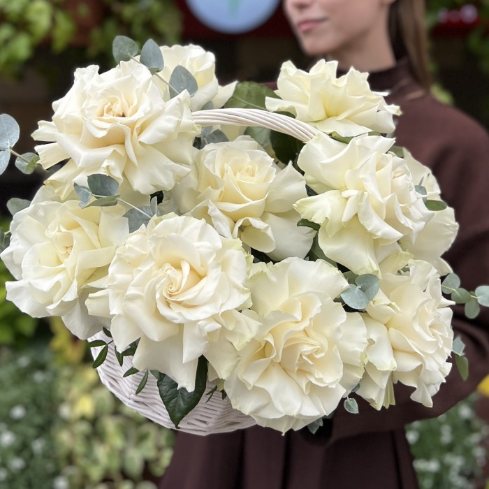 11 пышных роз Мондиаль в корзине