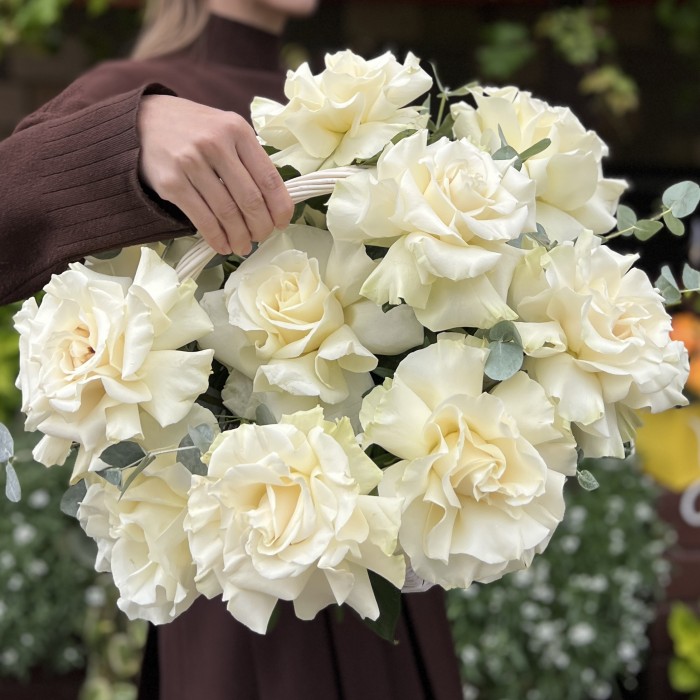 11 пышных роз Мондиаль в корзине