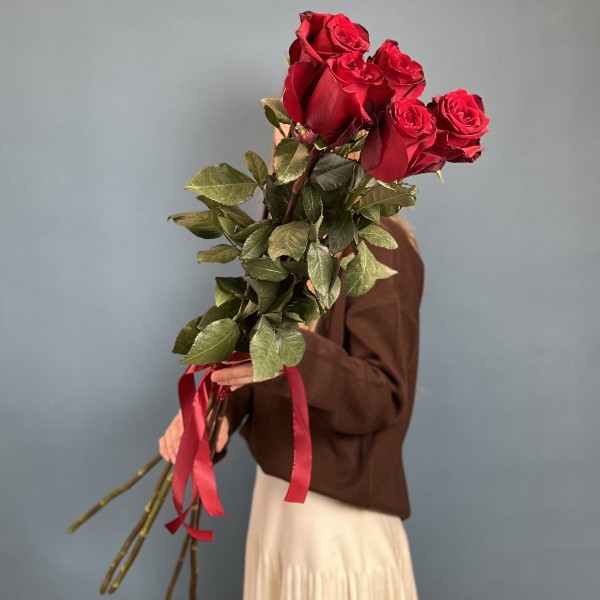 5 красных длинных роз 120 см