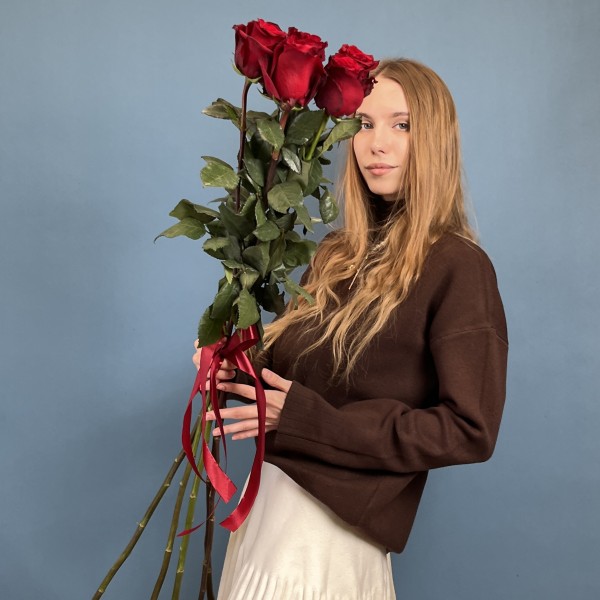 5 красных длинных роз 130 см