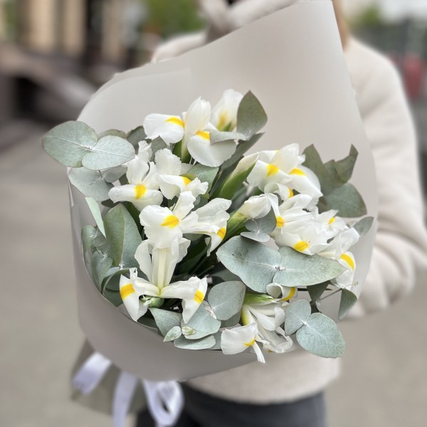 11 белых ирисов с эвкалиптом