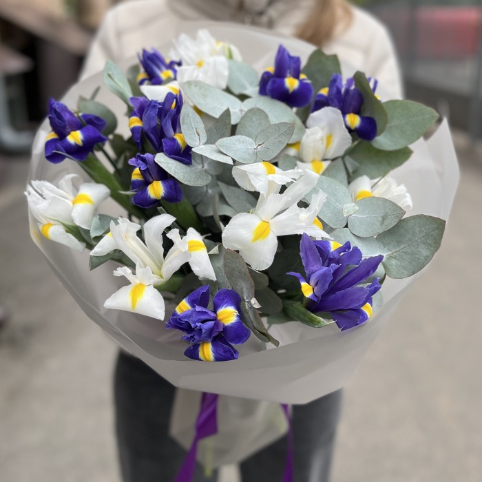 15 синих и белых ирисов с эвкалиптом