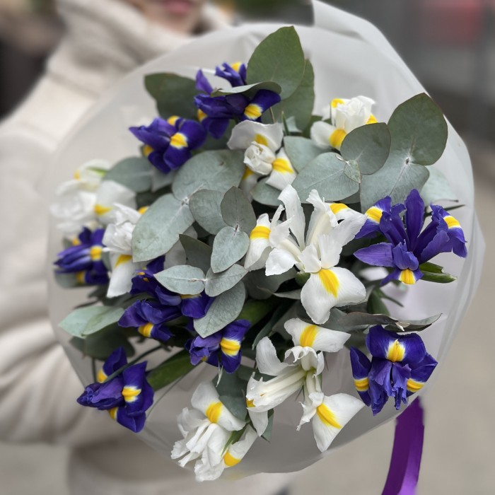 15 синих и белых ирисов с эвкалиптом