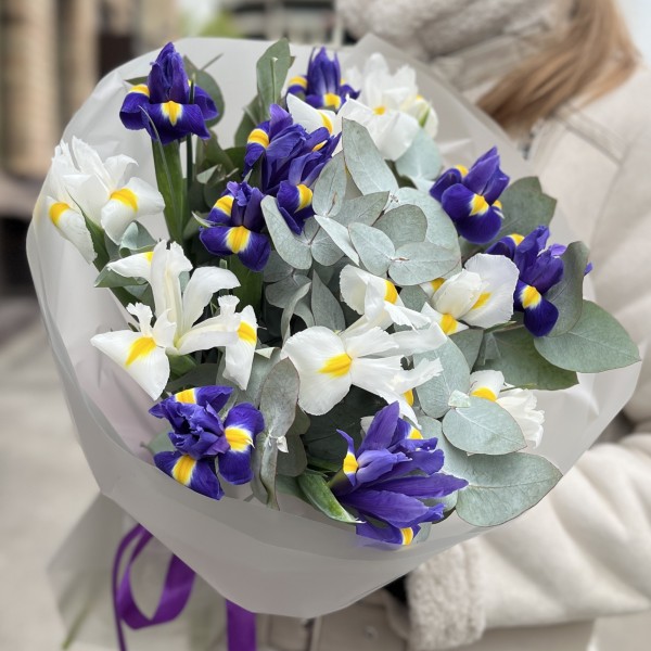 15 синих и белых ирисов с эвкалиптом