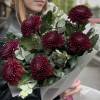 7 бордово-фиолетовых хризантем с эвкалиптом