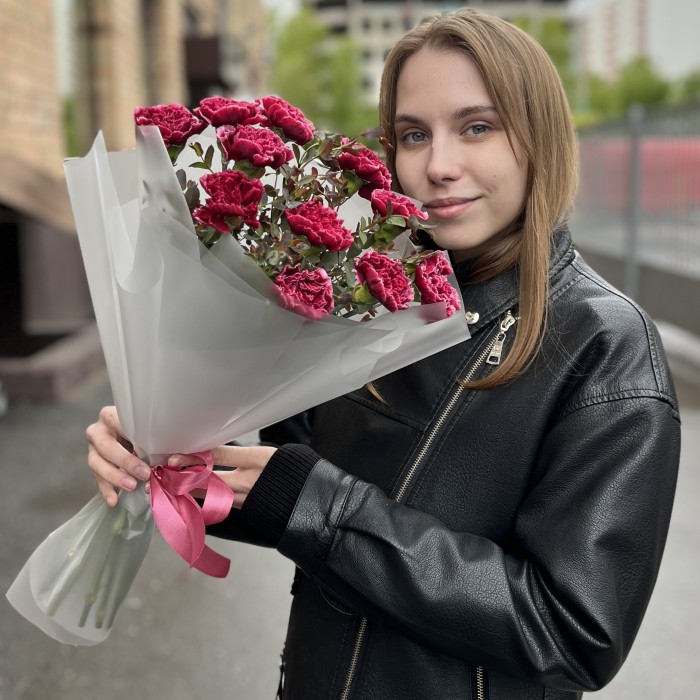 Букет из 11 бордовых гвоздик с белым краем