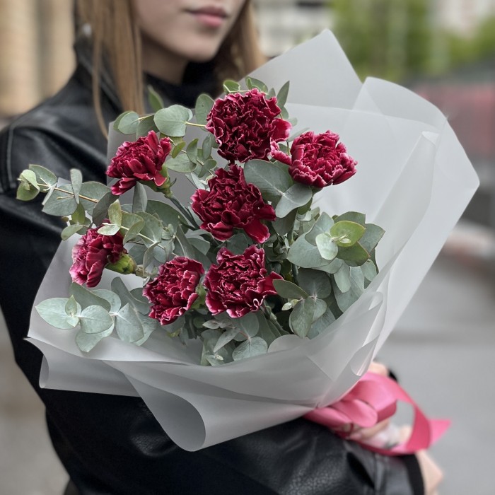 Букет из 7 бордовых гвоздик с белым краем