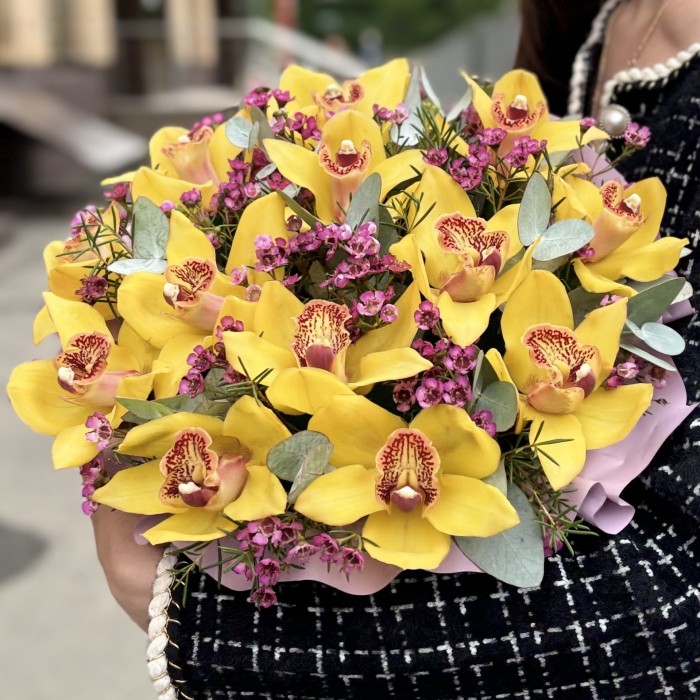 13 желтых орхидей Цимбидиум с шамелациумом в коробке