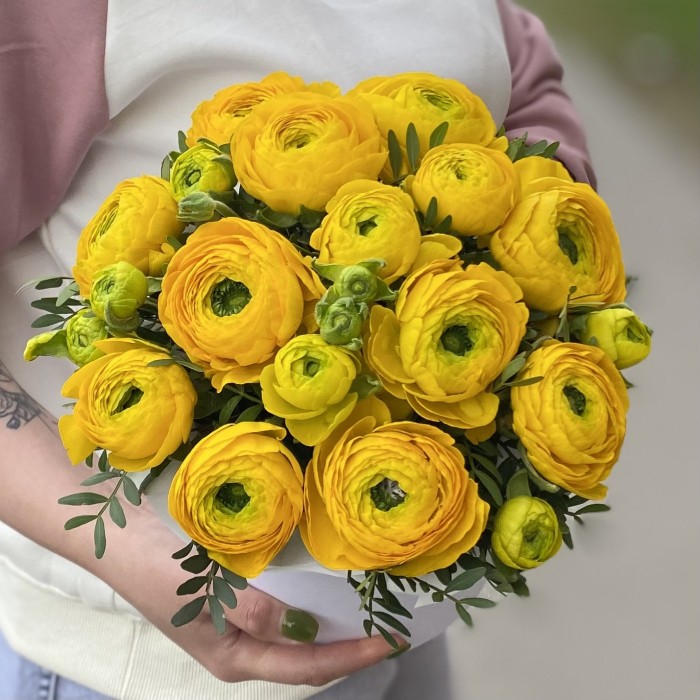 13 желтых ранункулюсов в коробке