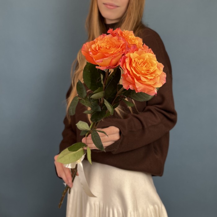 3 оранжево-розовые розы Фри Спирит 60 см