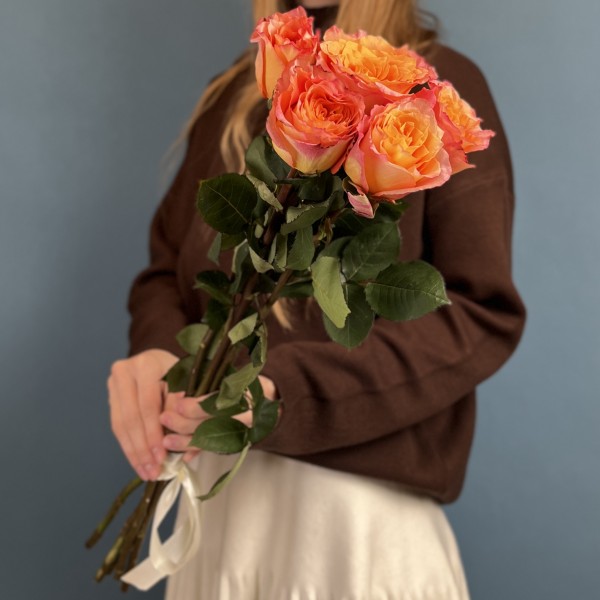 5 оранжево-розовых роз Фри спирит 60 см