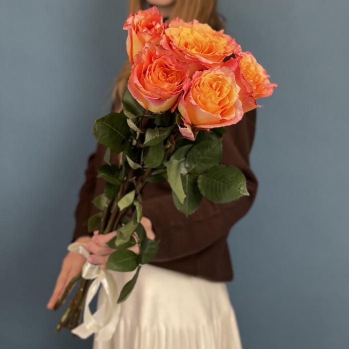 5 оранжево-розовых роз Фри спирит 60 см