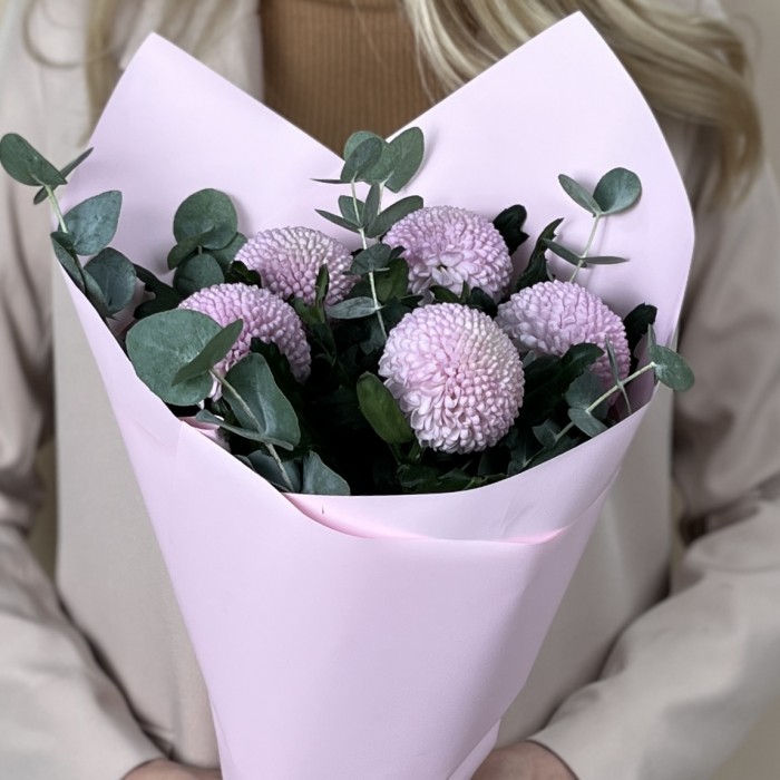5 розовых хризантем помпон с эвкалиптом