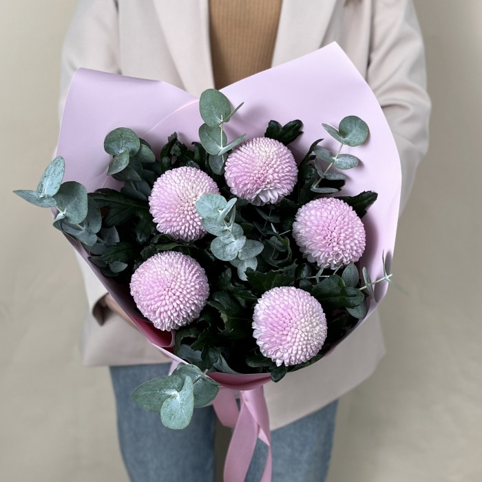 5 розовых хризантем помпон с эвкалиптом