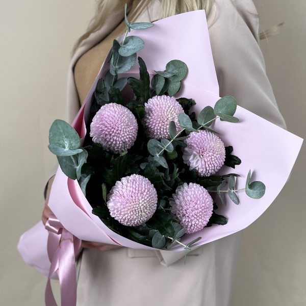 5 розовых хризантем помпон с эвкалиптом