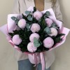 9 розовых хризантем помпон с эвкалиптом