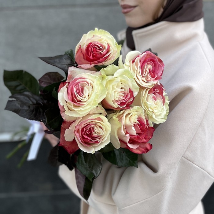 7 радужных бело-малиновых роз 70 см