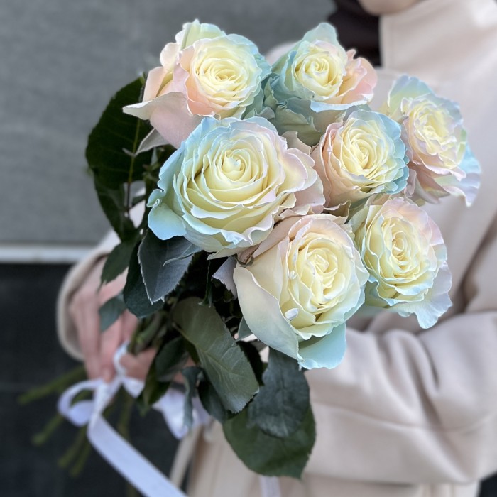 Радужная розово-бело-голубая роза 60 см