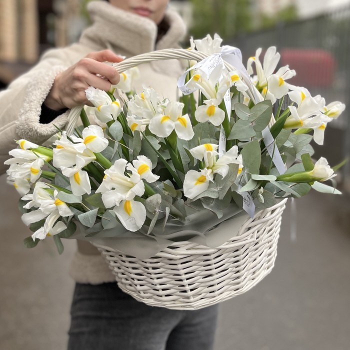 25 белых ирисов в корзине