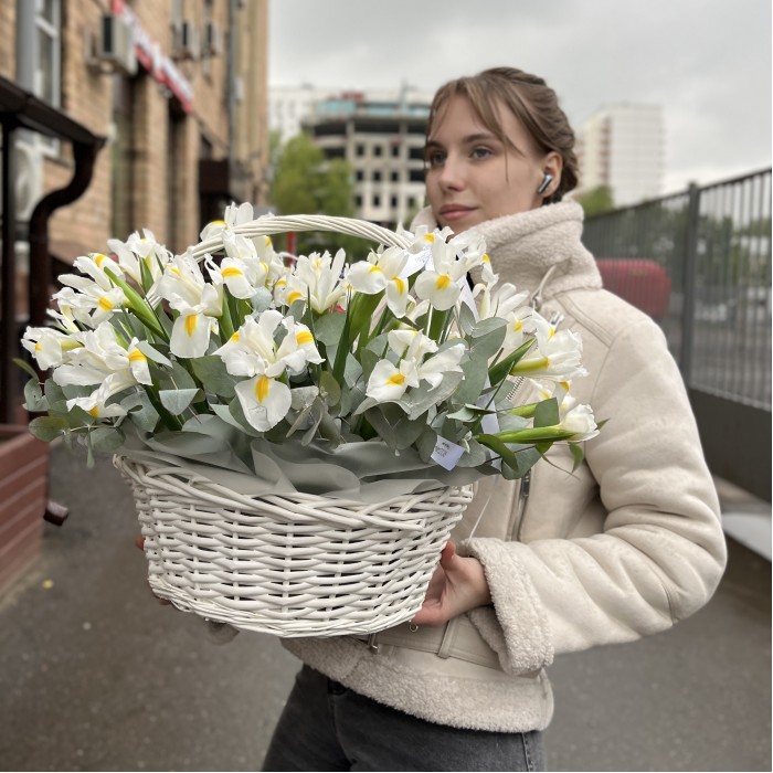 25 белых ирисов в корзине