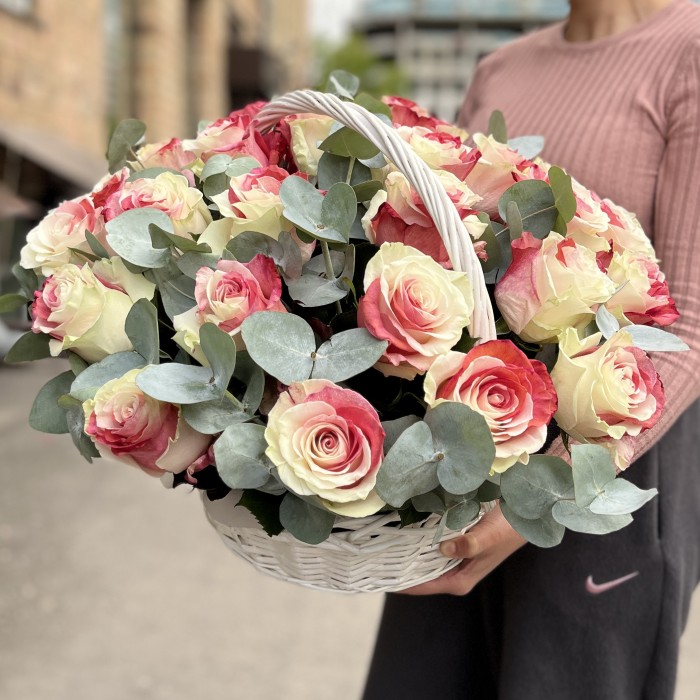 25 радужных бело-красных роз в корзине