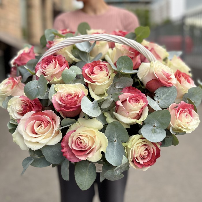 25 радужных бело-красных роз в корзине