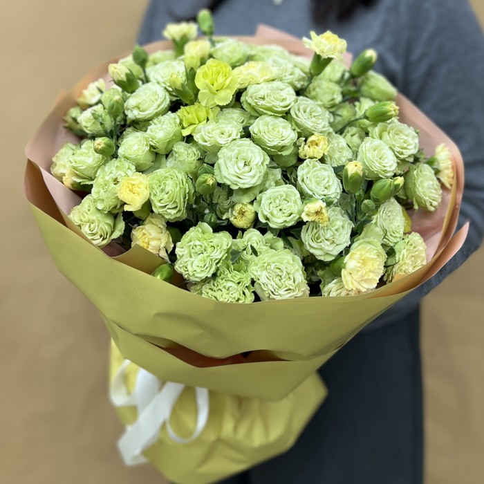 13 зеленых кустовых роз с гвоздикой