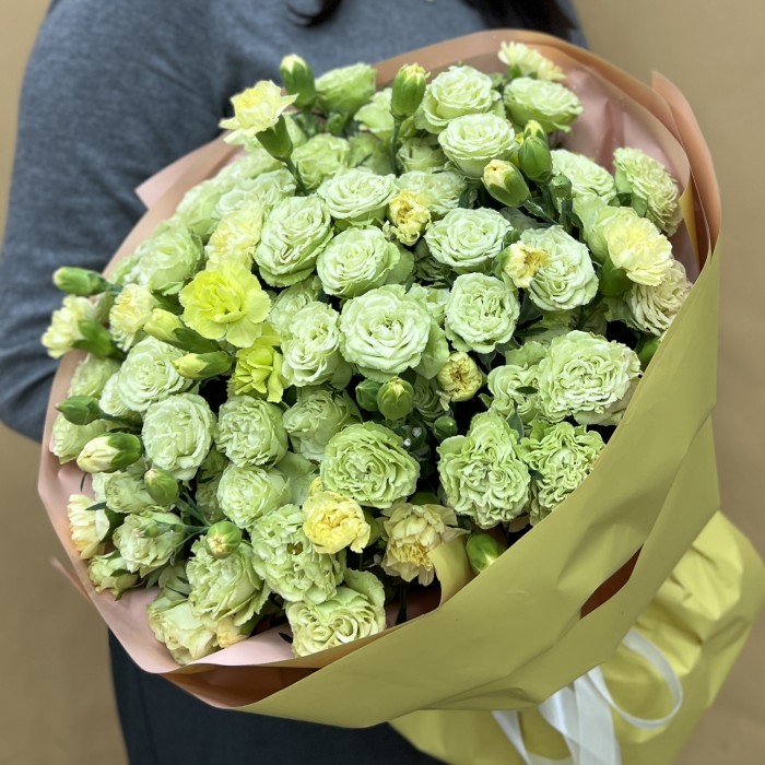 13 зеленых кустовых роз с гвоздикой