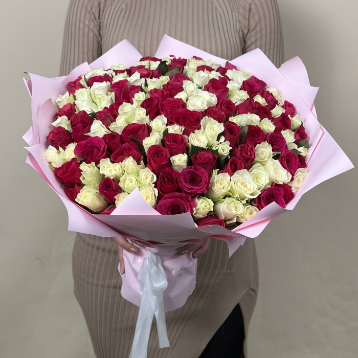 151 бело - малиновая роза 40 см