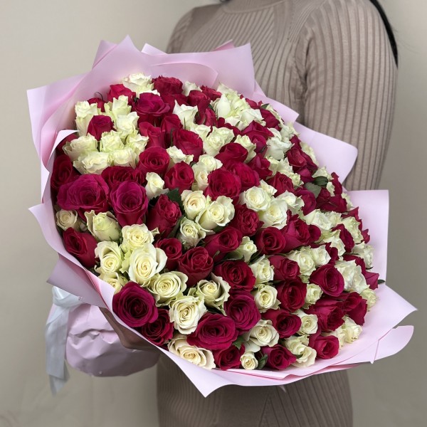 151 бело - малиновая роза 40 см