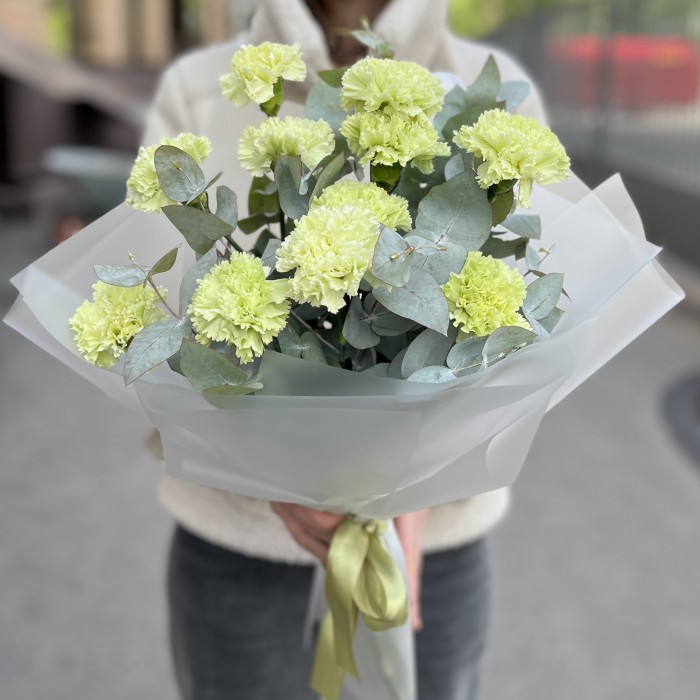 Букет из 11 зеленых гвоздик с эвкалиптом