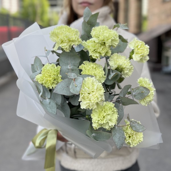 Букет из 11 зеленых гвоздик с эвкалиптом