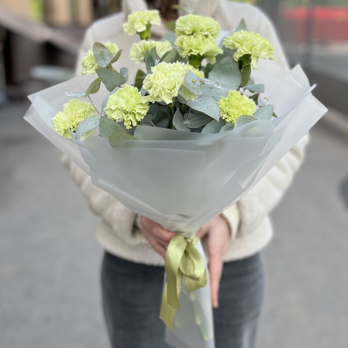 Букет из 11 зеленых гвоздик с эвкалиптом