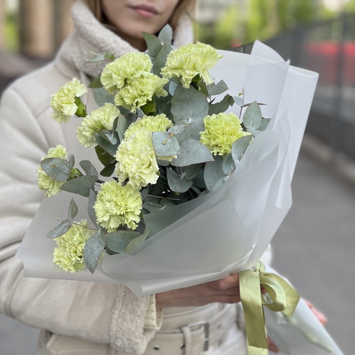 Букет из 11 зеленых гвоздик с эвкалиптом