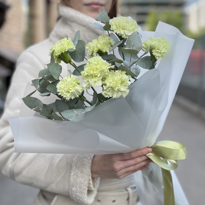 Букет из 7 зеленых гвоздик с эвкалиптом