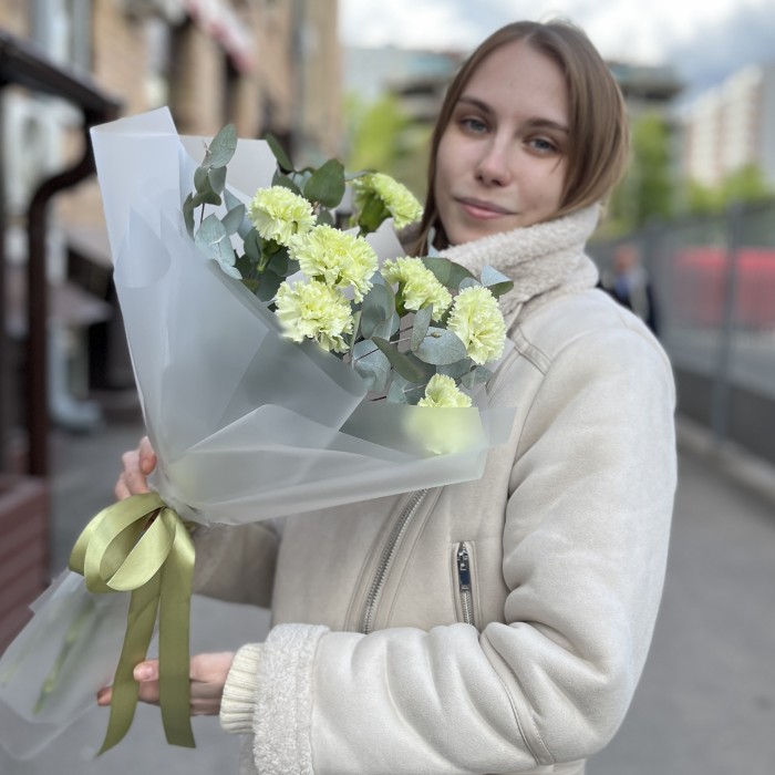 Букет из 7 зеленых гвоздик с эвкалиптом