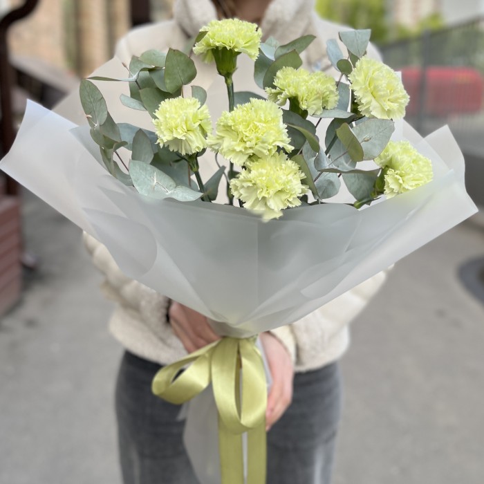 Букет из 7 зеленых гвоздик с эвкалиптом