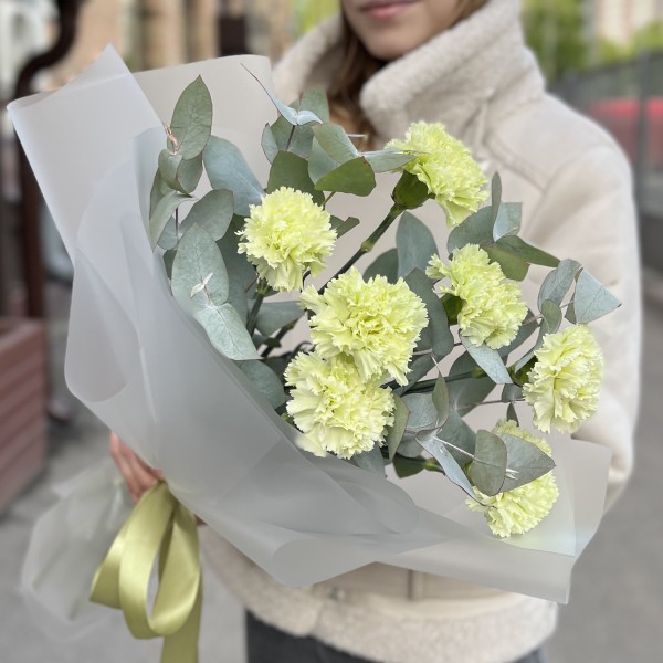 Букет из 7 зеленых гвоздик с эвкалиптом