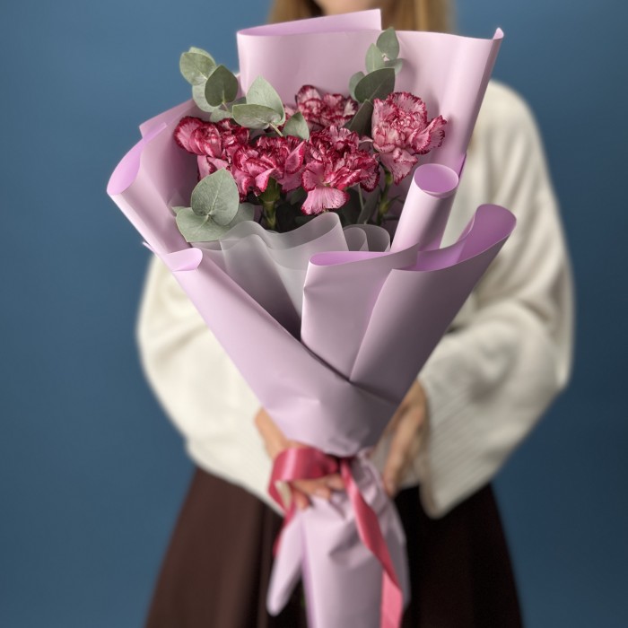 5 бело-бордовых гвоздик с эвкалиптом