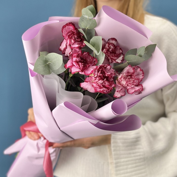 5 бело-бордовых гвоздик с эвкалиптом